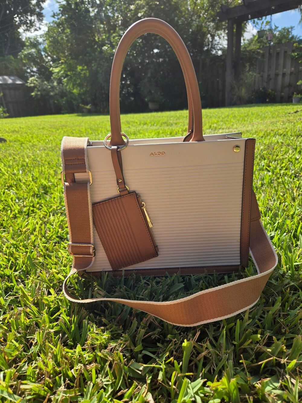 ALDO Structured Tote Bag with Detachable Strap – Cream & Tan